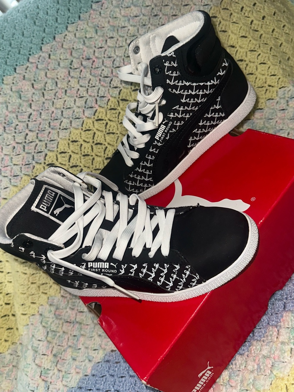 Puma Black & White High-Top Sneakers with Script Pattern